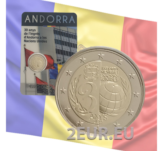 Andorra 2 euron BU-kolikkokortti 2023 - 30 vuotta Andorran liittymisestä Yhdistyneisiin Kansakuntiin