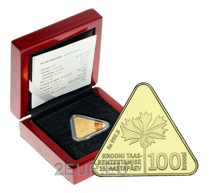 Viro 100 Kroon kultakolikko Proof 2007 - Viron kruunun uudelleen käyttöönoton 15. vuosipäivä