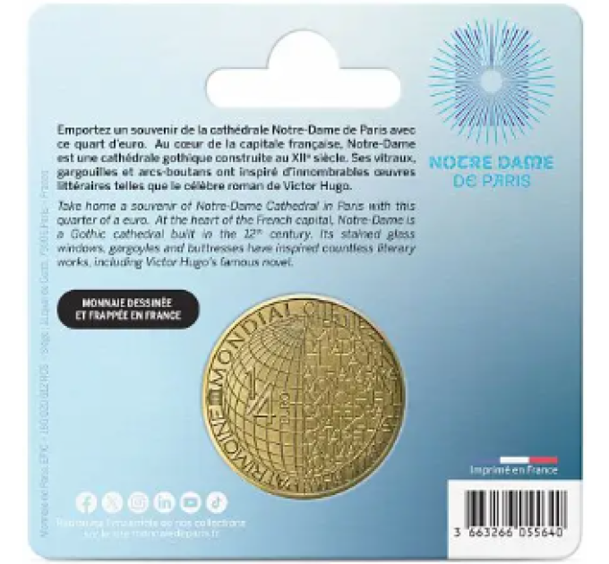 Ranska 1/4 euro UNC 2025 - Unesco - NOTRE-DAMEN KATEDRALI PARIISIS
