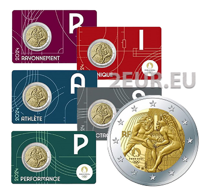 Ranska 2 euroa BU 2024 - Pariisin 2024 olympialaiset - Hercules harjoittelee painia - Notre Dame - 5 kpl