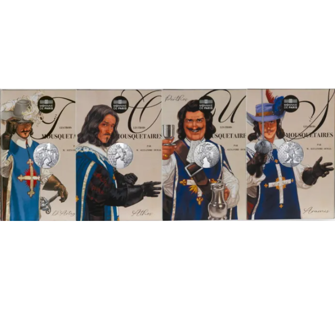 Ranska 10 euroa hopeakolikko 2024 - Kolme muskettisoturia - Athos, Aramis, Porthos ja D'Artagnan