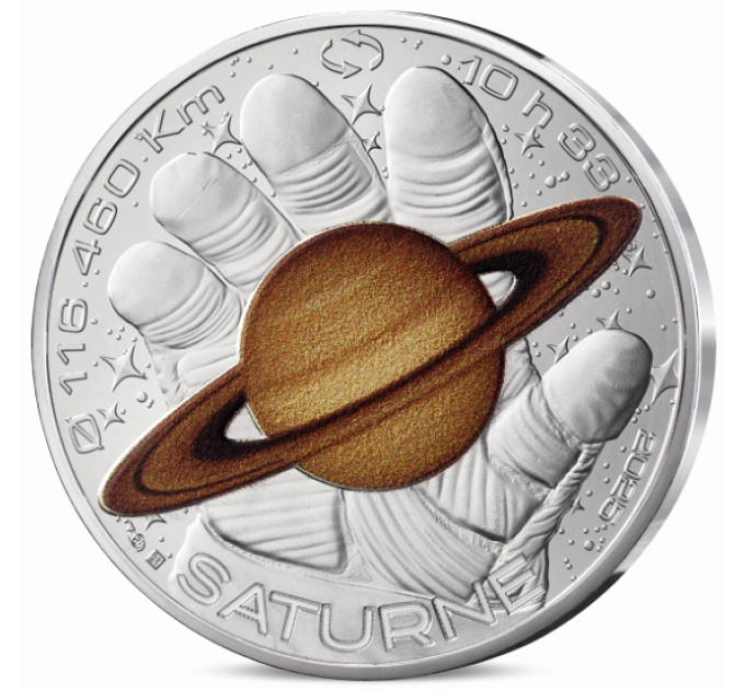 Ranska 10 euroa hopeakolikko 2025 - Avaruusseikkailu Thomas Pesquet'n kanssa - Saturnus, Jupiter, Mars, Kuu
