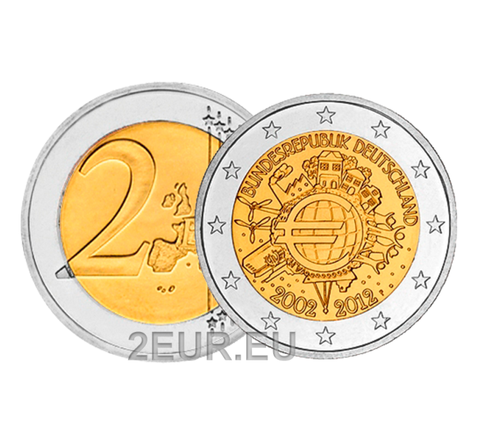 Saksa 2 euroa UNC 2012 - 10 vuotta eurokäteistä - F - Stuttgart