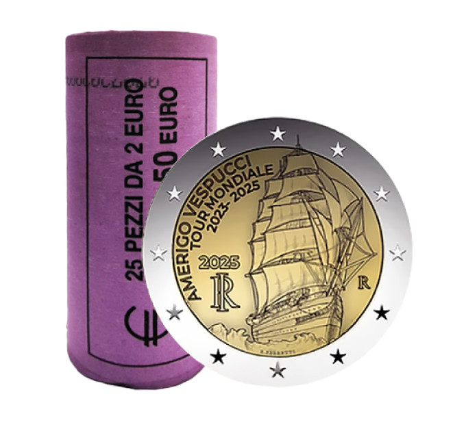 Italia 2 euron UNC roll 2025 - Amerigo Vespucci -laivan matka