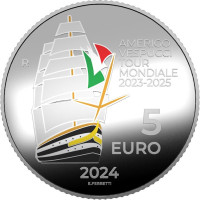 Italia 5 euron hopea PROOF 2024 - Maailman ympäri 2023-2025 Amerigo Vespucci -aluksella