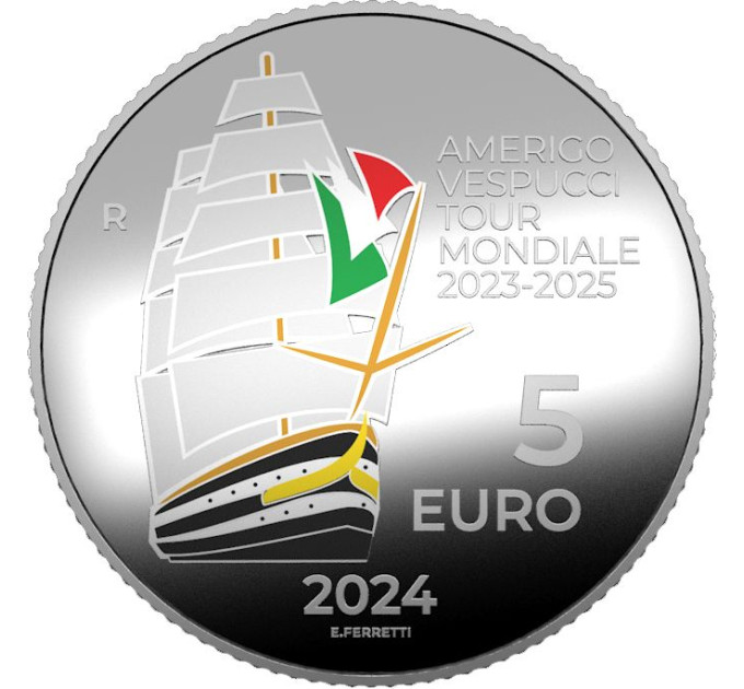 Italia 5 euron hopea PROOF 2024 - Maailman ympäri 2023-2025 Amerigo Vespucci -aluksella