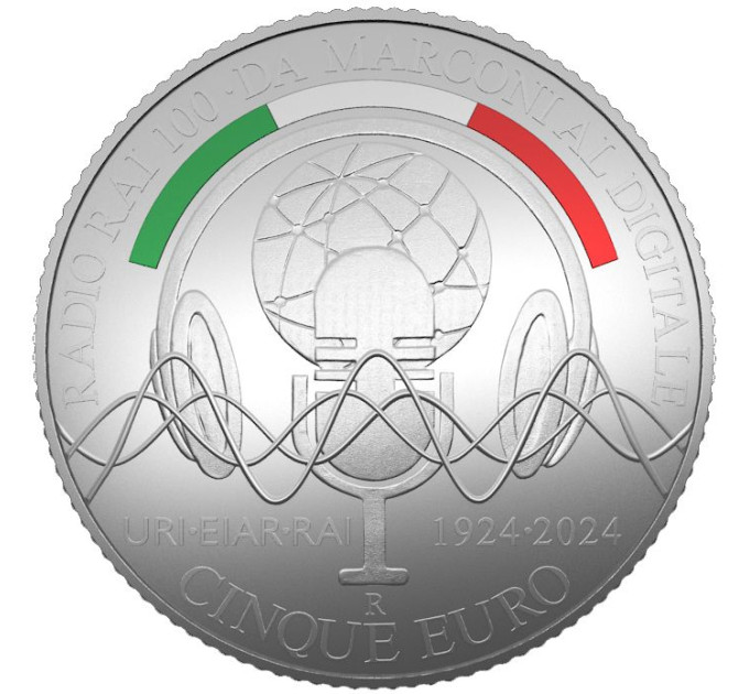 Italia 5 euron hopea PROOF 2024 - 150 vuotta Guglielmo Marconin syntymästä ja 100 vuotta ensimmäisestä radiolähetyksestä Italiassa