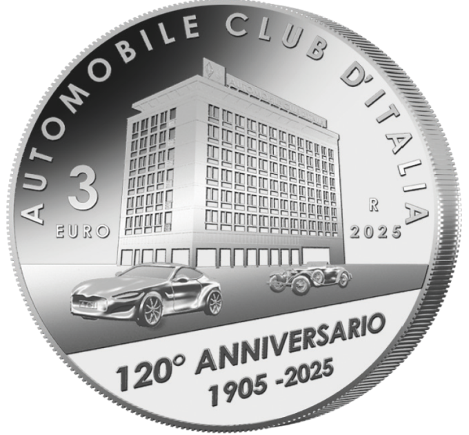 Italia 3 euron hopea BU 2025 - Italian autokerhon ACI:n perustamisen 120-vuotisjuhla