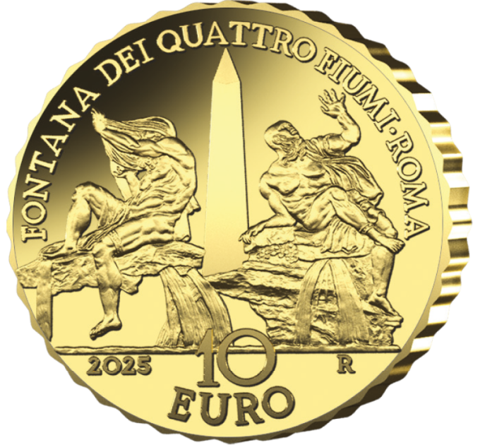 Italia 10 euron kultaa PROOF 2025 - Italian suihkulähteet - Fontana dei Quattro Fiumi - Roma