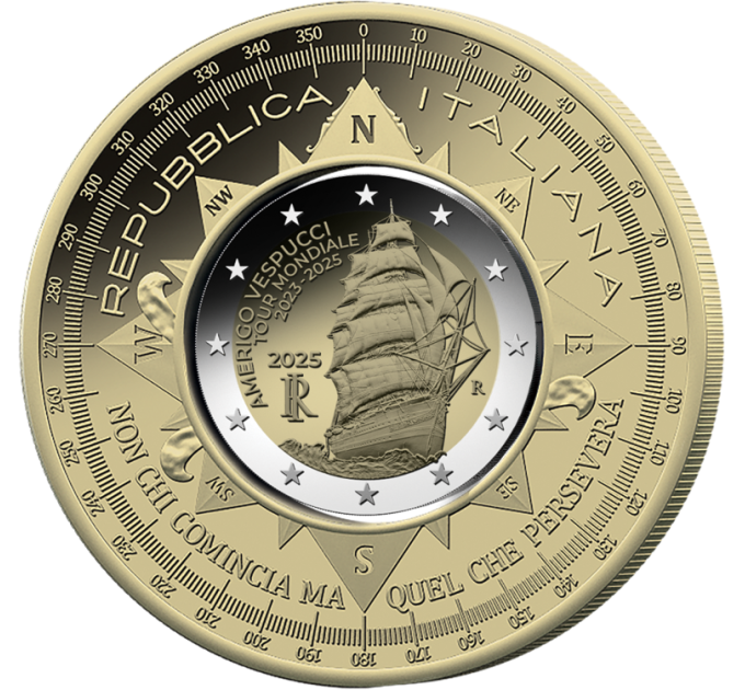 Italia 2 euro + 10 euro Proof 2025 - Amerigo Vespucci -laivan matka