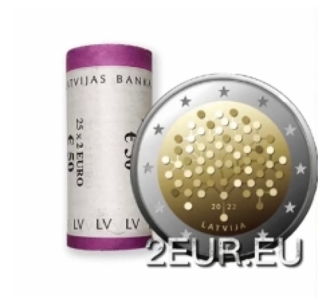 Latvia 2 euroa UNC rullaa 2022 - Talouslukutaito - 100 vuotta Latvian keskuspankki