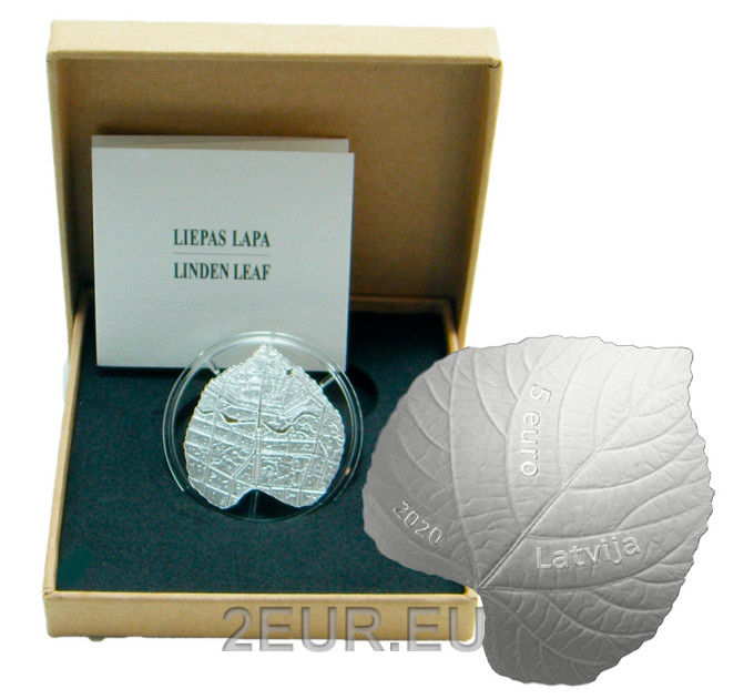 Latvia 5 euron hopea proof 2020 - Linden Leaf