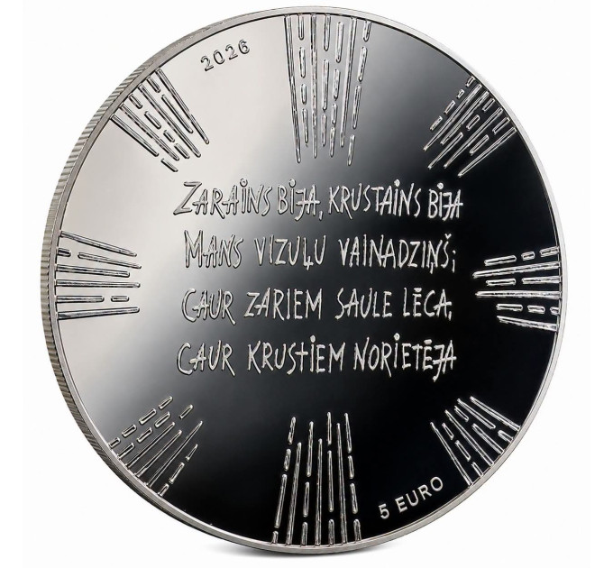 Latvia 5 euron hopea proof 2026 - Morsiamen kruunu