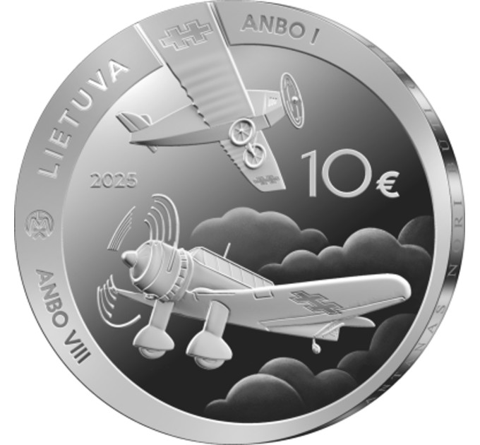 Liettua 10 euron hopea proof 2025 - ANBO-lentokone - 100 vuotta