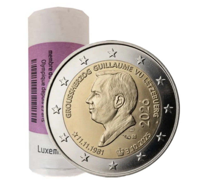Luxemburg 2 euroa UNC rullaa 2026 - SUURHERTTUA GUILLAUMEN VALTAISTUIMELLE NOUSEMINEN JA HÄNEN 45-VUOTISSYNTYMÄPÄIVÄNSÄ