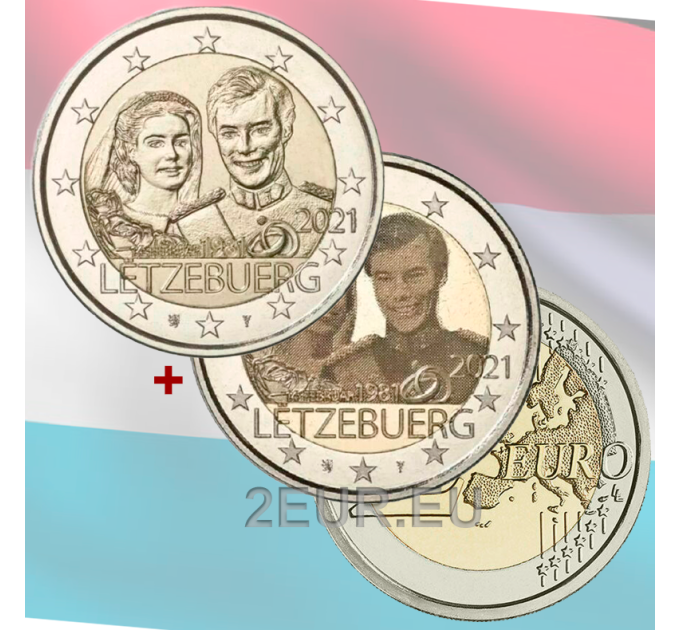 Luxemburg 2 euroa UNC 2021 - Suurherttuatar Maria Teresan 40-vuotis hääpäivä suurherttua Henryn helpotuksen kanssa+kuva