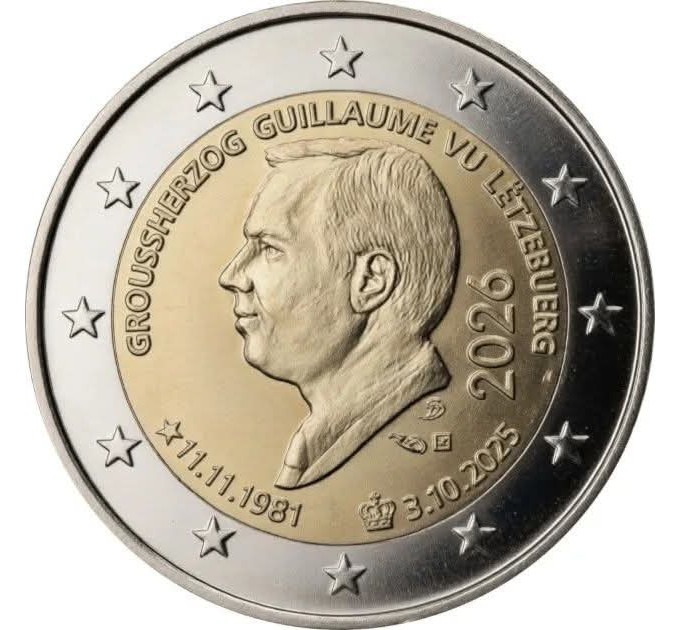 Luxemburg 2 euroa UNC 2026 - SUURHERTTUA GUILLAUMEN VALTAISTUIMELLE NOUSEMINEN JA HÄNEN 45-VUOTISSYNTYMÄPÄIVÄNSÄ