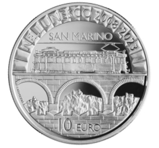 San Marino 10 euroa proof 2023 - 15 vuotta San Marinon vanhankaupungin ja Titano-vuoren sisällyttämisestä Unescon maailmanperintöluetteloon