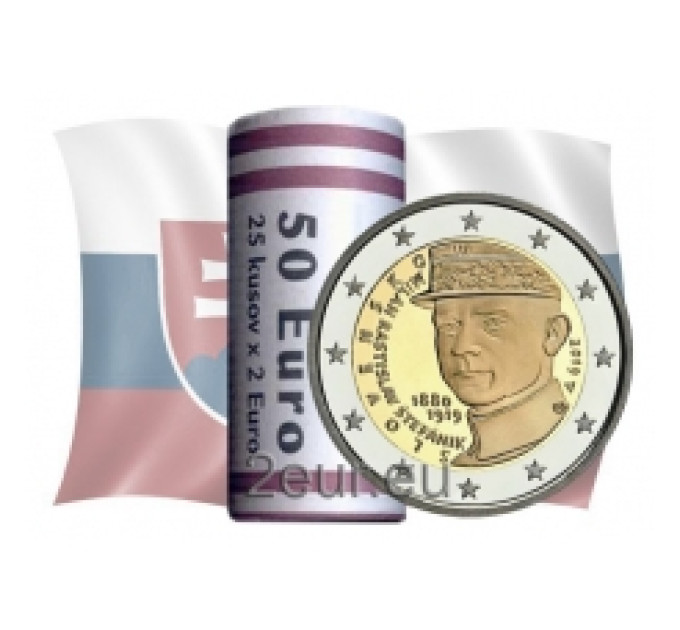 Slovakia 2 euroa UNC rullaa 2019 - 100 vuotta Milan Rostislav Stefanikin kuolemasta