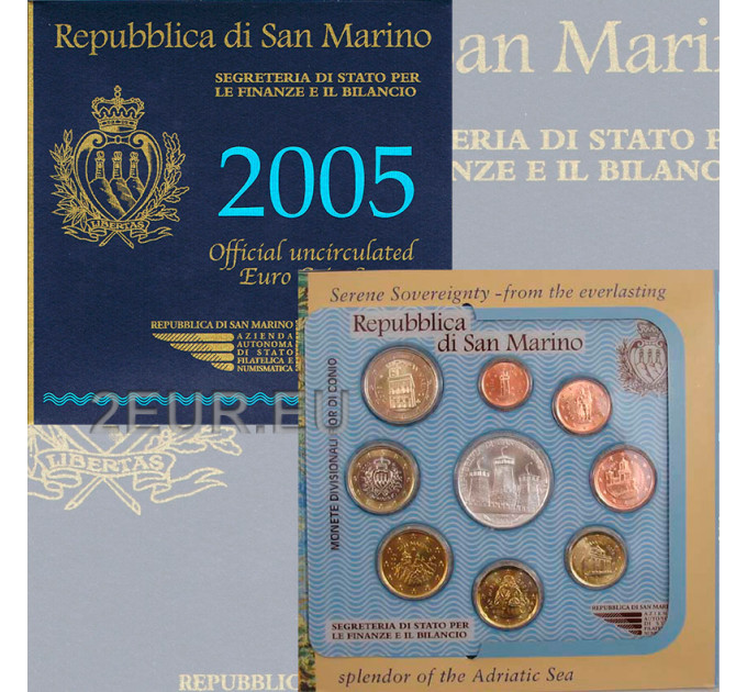 San Marino Euro set BU + 5 euron hopeakolikko 2005