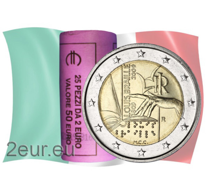 Italia 2 euron UNC rulla 2009 - 200 vuotta Louis Braillen syntymästä