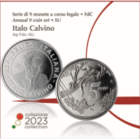 Italia Eurosetti BU + 5 euron hopearaha 2023 - 100 vuotta Italo Calvinon syntymästä