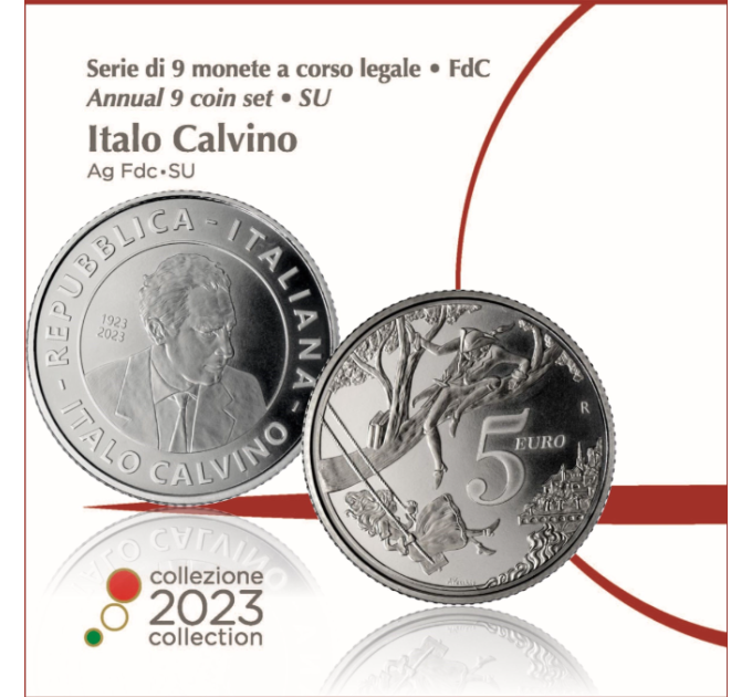 Italia Eurosetti BU + 5 euron hopearaha 2023 - 100 vuotta Italo Calvinon syntymästä